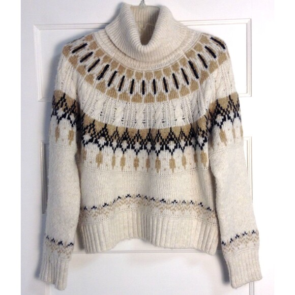 Old Navy Sweater Wn M Cream Tan Aztec Southwestern Cable Knit Turtleneck Chunky - Picture 1 of 8